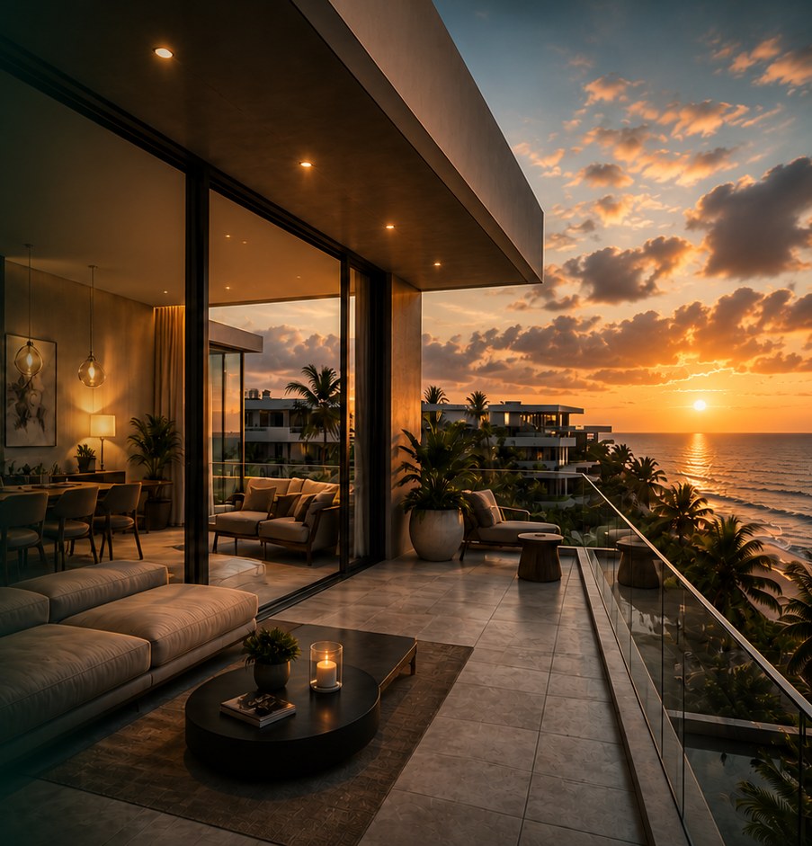 Terraza de un condominio en la Riviera Maya al atardecer