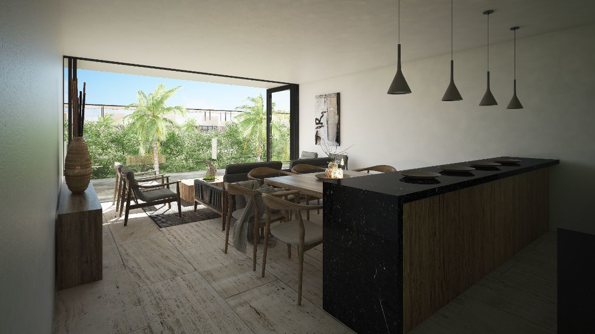 Sala, comedor y barra de cocina primer nivel
