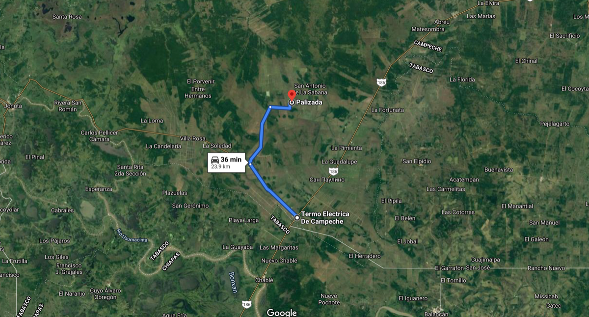 Distancia hacia el entronque de la Carretera a Escárcega