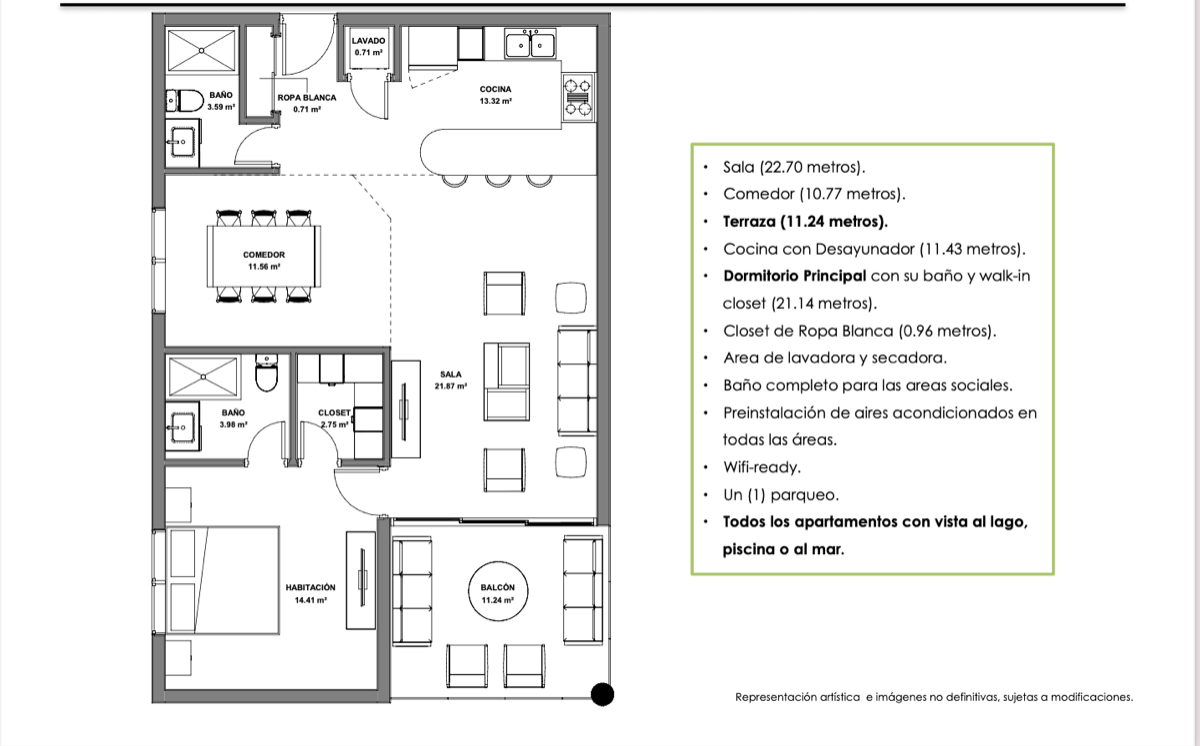 18 de 25: Planta arquitectónica Modelo A - 1 habitación (96.5 m2)