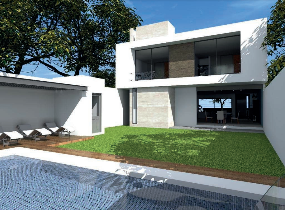 2 de 3: Parte trasera de la casa alberca y terraza con camastros.