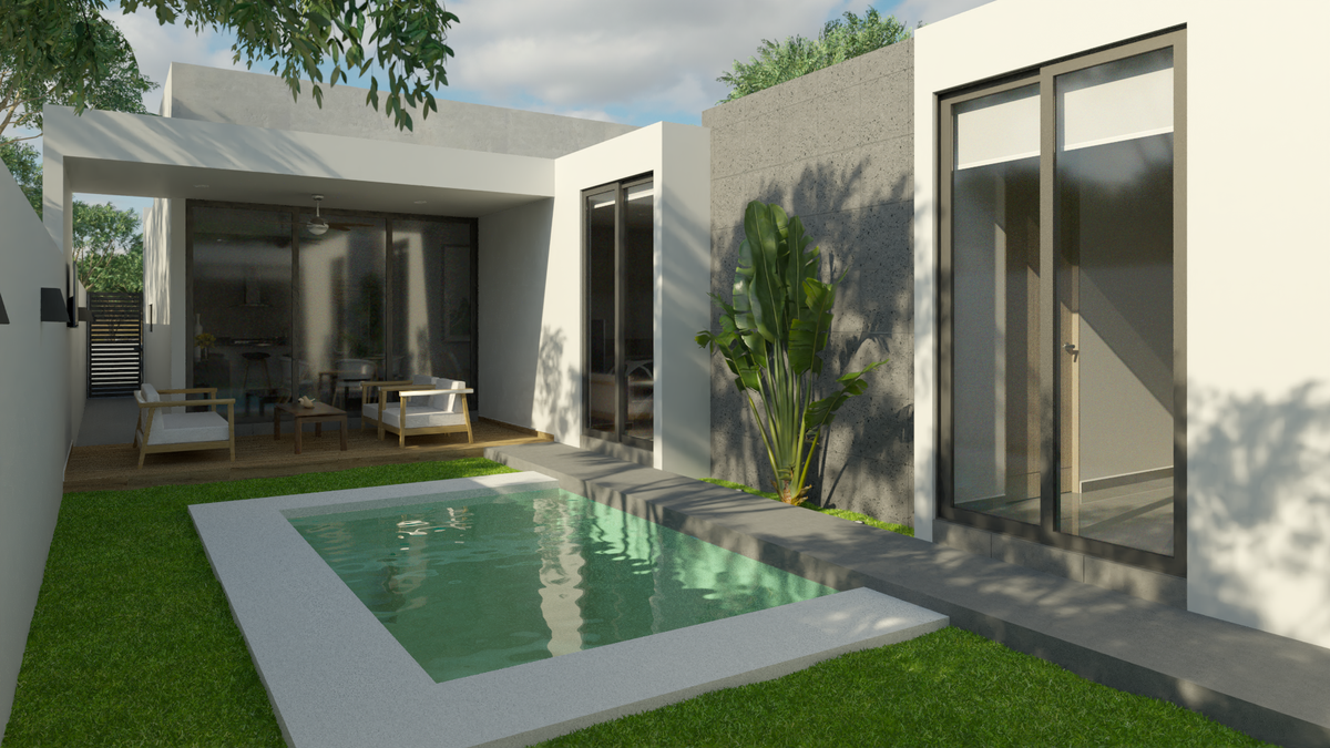 2 de 34: Render del jardín vista a la terraza y pasillo de servicio