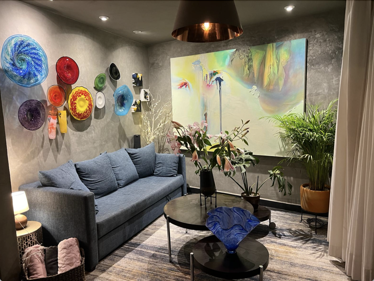 5 of 17: Sala viene con una sofa-cama y arte.