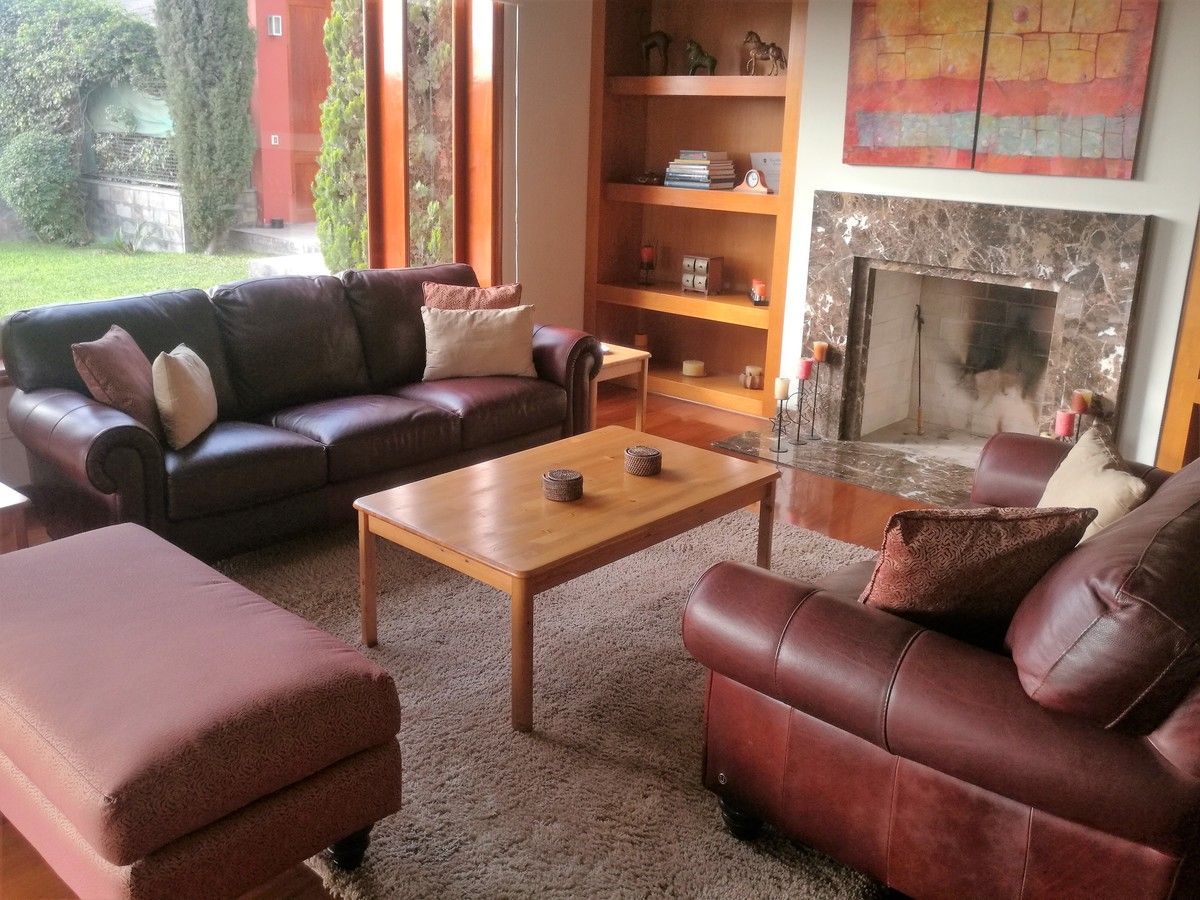 5 de 24: Sala con chimenea y  vista al jardín