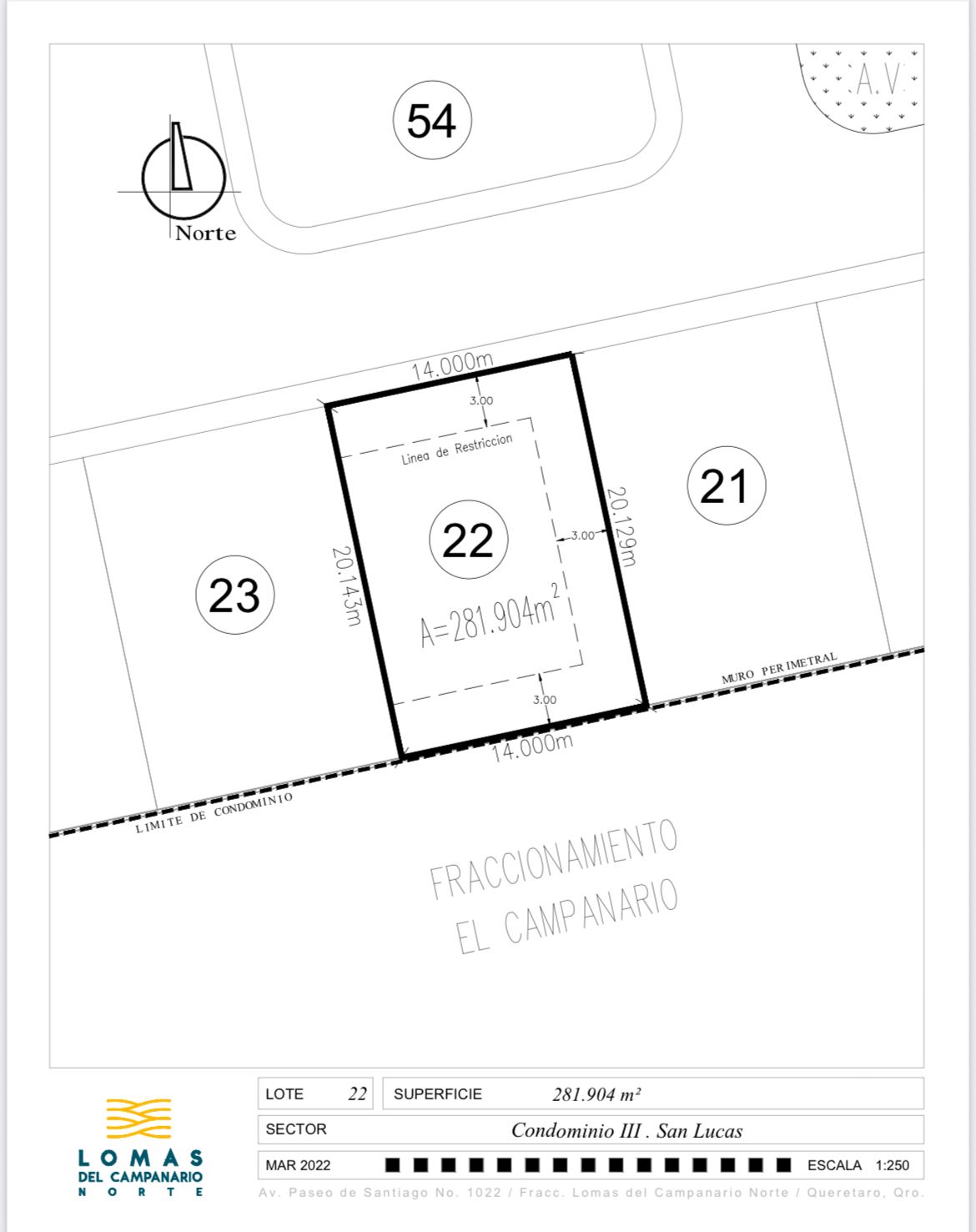 3 of 16: Lote #22 muro colinda espaldas a  Fracc El Campanario