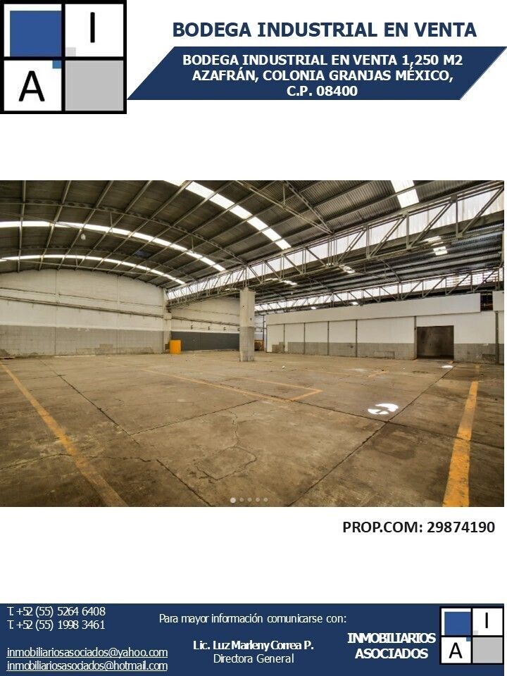 BODEGA INDUSTRIAL EN VENTA 1250 M2 AZAFRAN COL. GRANJAS MEXICO