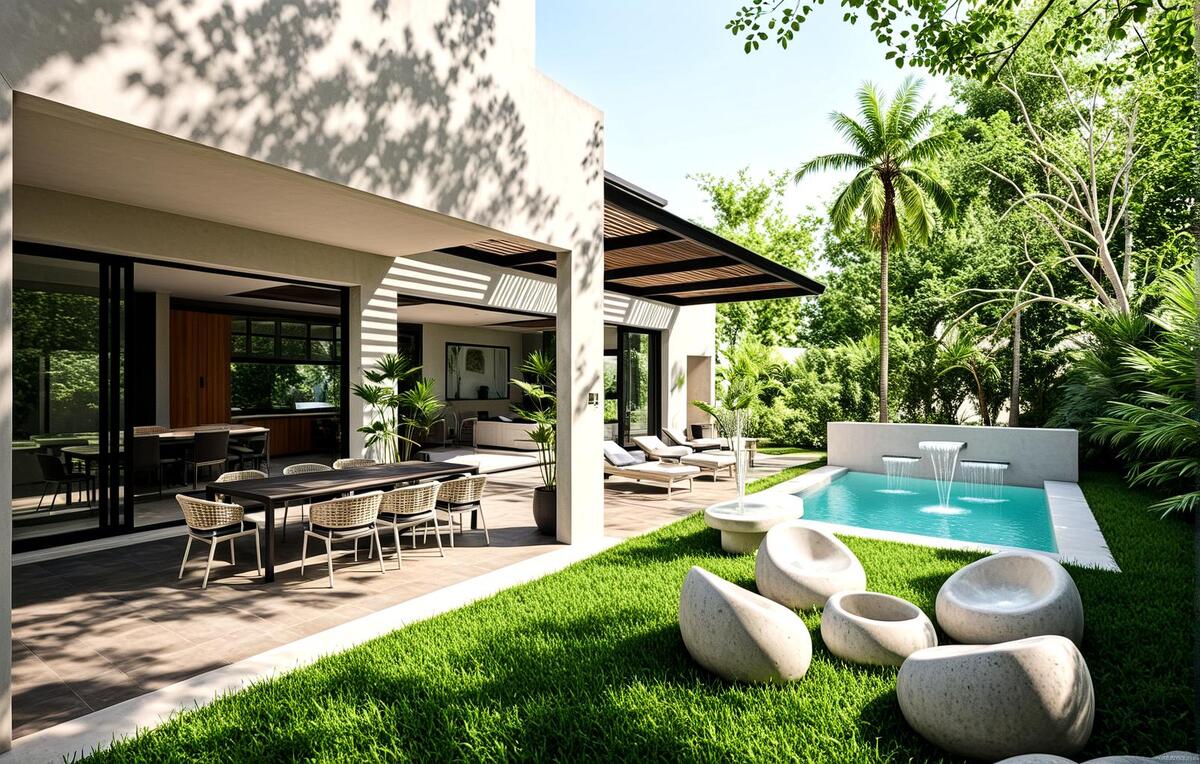 1 de 19: Terraza con piscina, jacuzzi y asador.