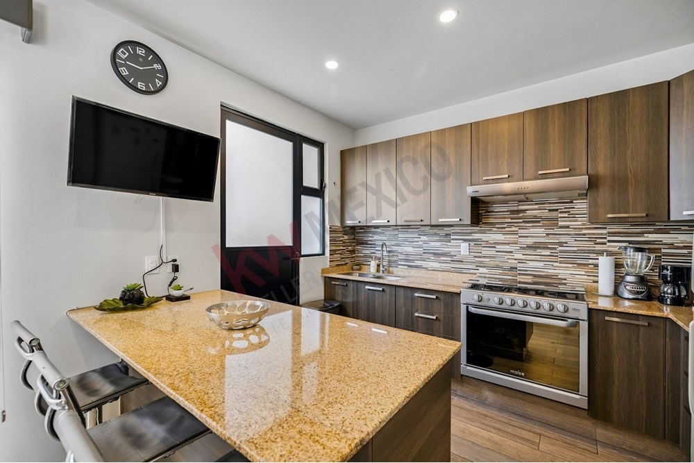 7 of 27: Modern Kitchen, Granite Bar, Wood Grain Cabinets.