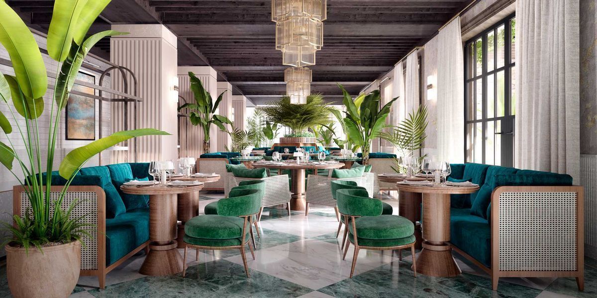 5 of 6: Vista de un restaurante dentro del Hotel / Centro (render).
