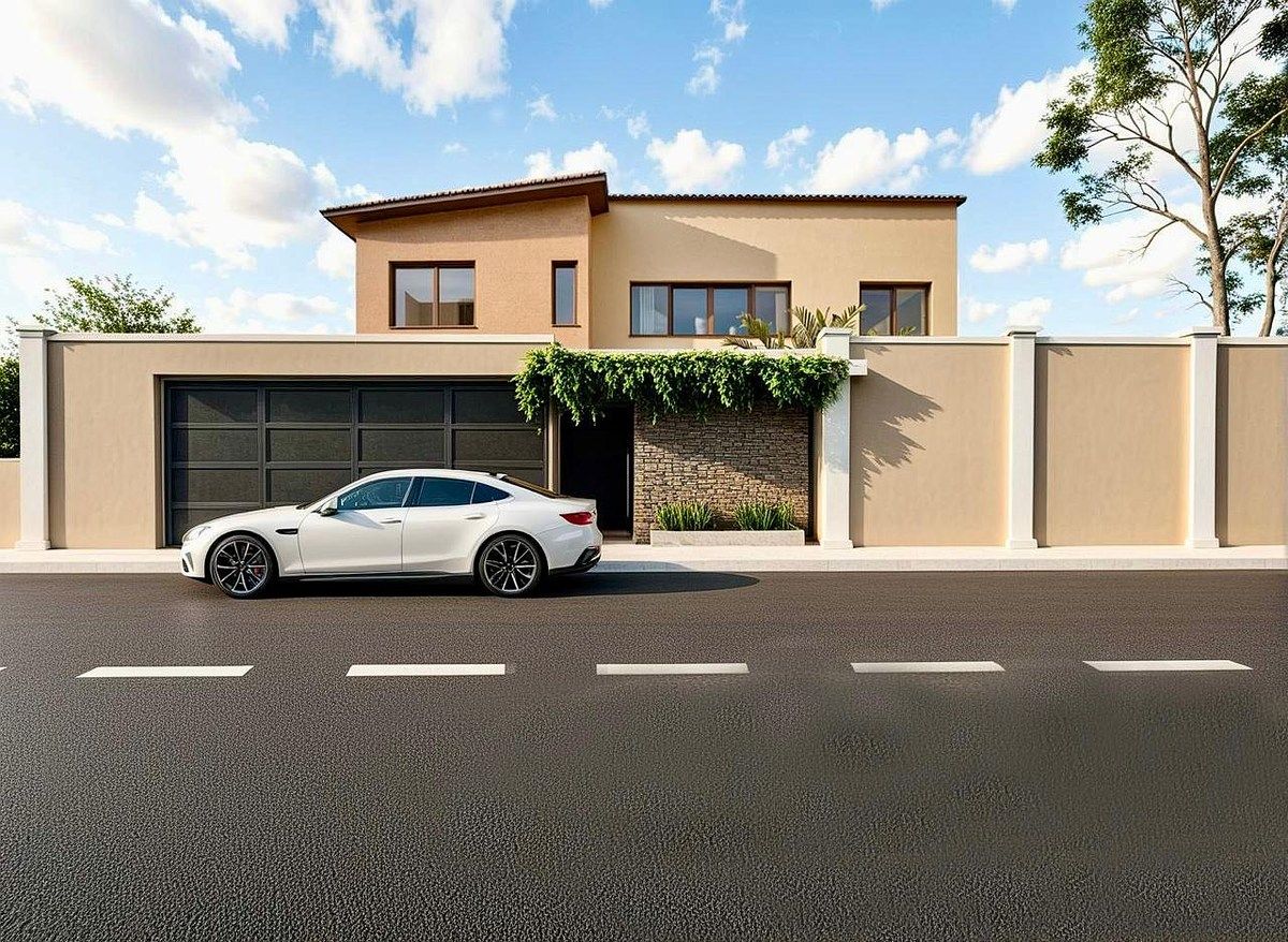 1 of 4: Fachada principal. Barda perimetral con jardinera en acceso.