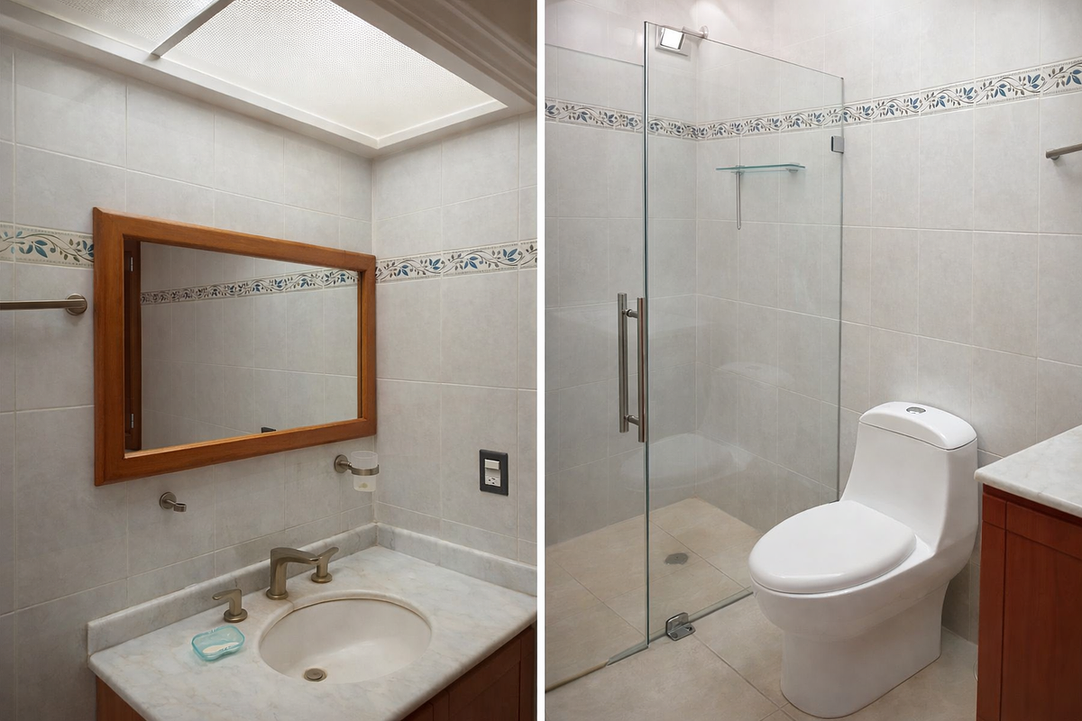 11 de 14: Baño completo con acabados en tonos claros