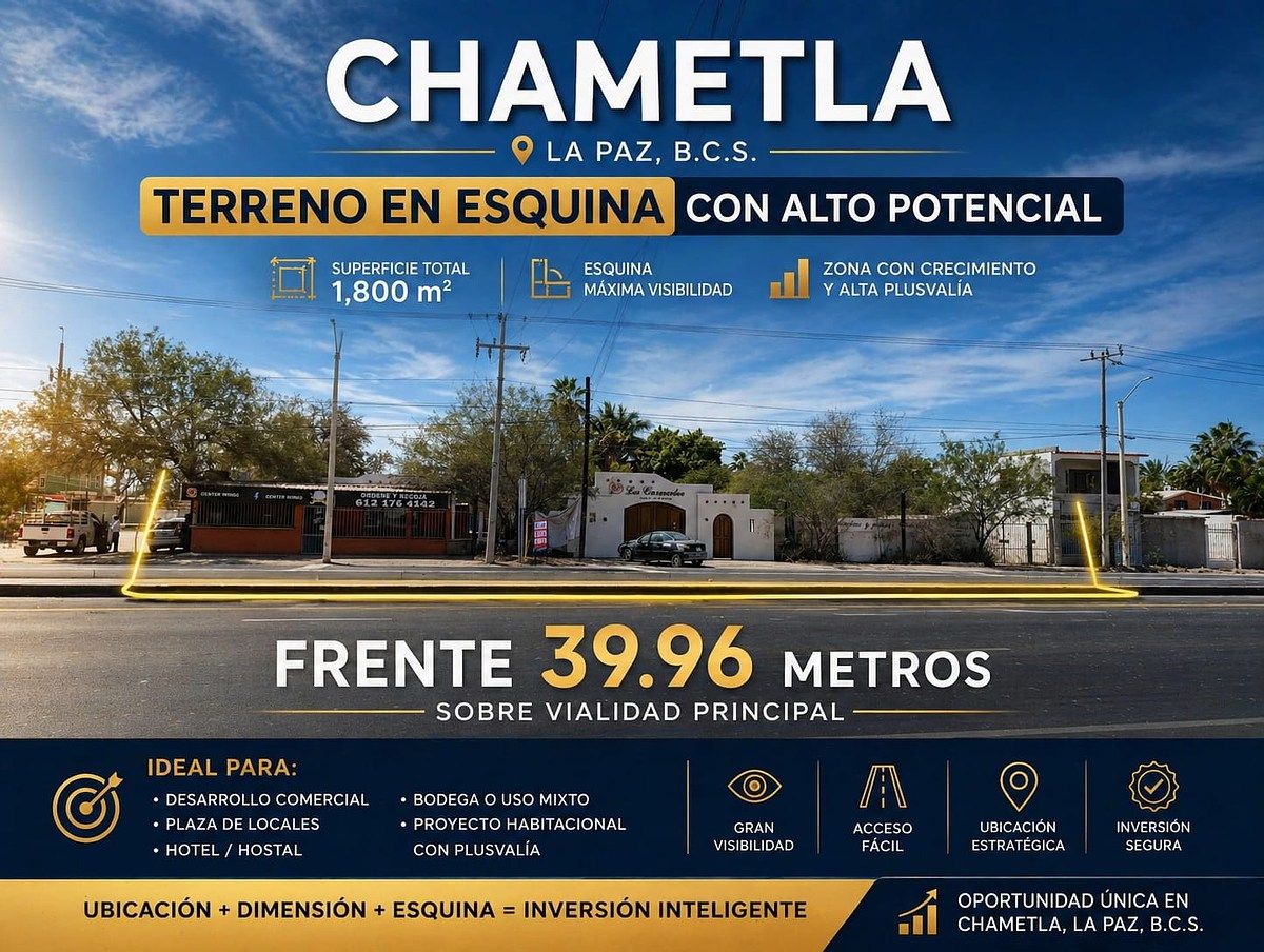 Terreno Comercial na Esquina de 1.800 m² na Avenida Principal em Chametla, foto 1 de 5