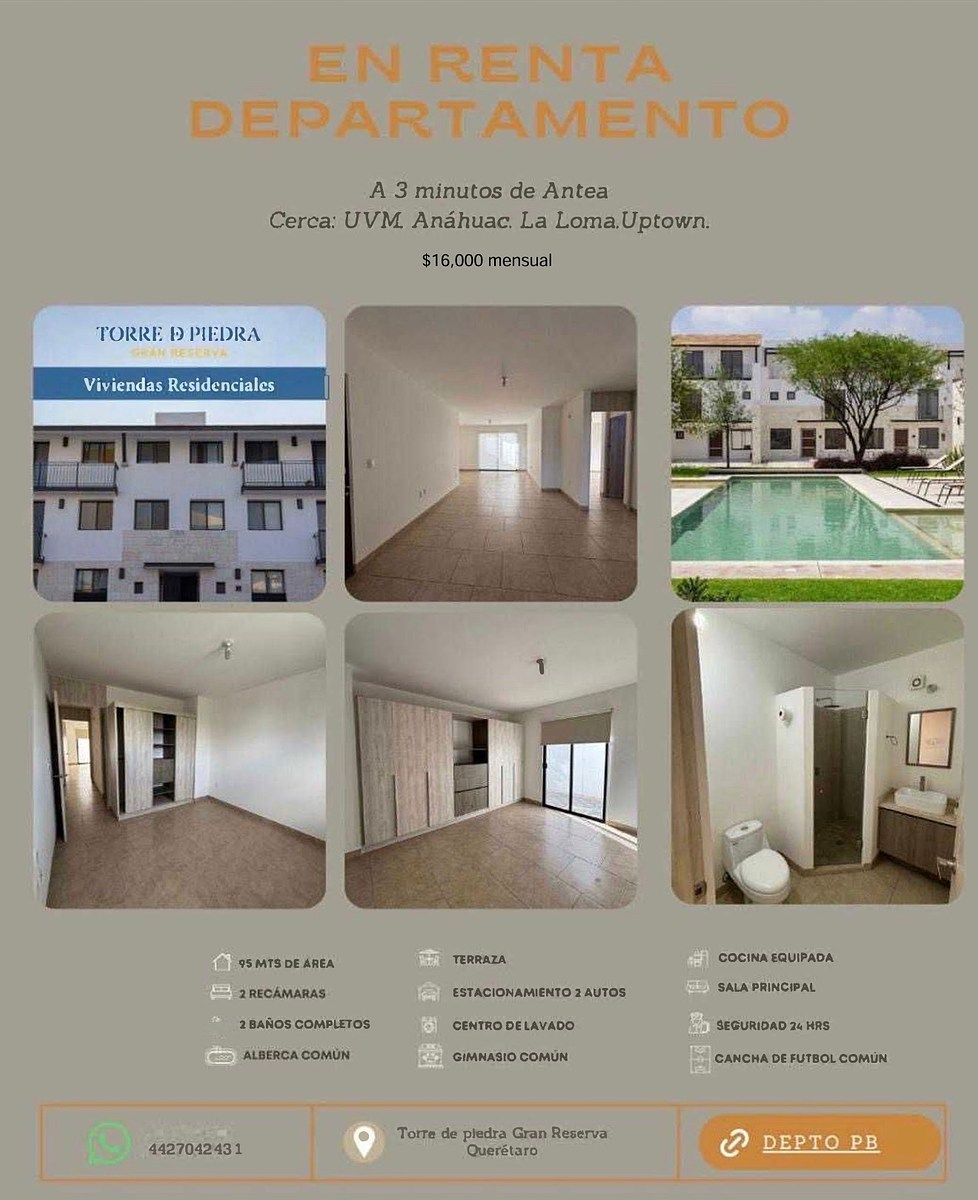 Renta Departamento $16,000 mensual Torre de Piedra Gran Reserva, foto 1 de 15