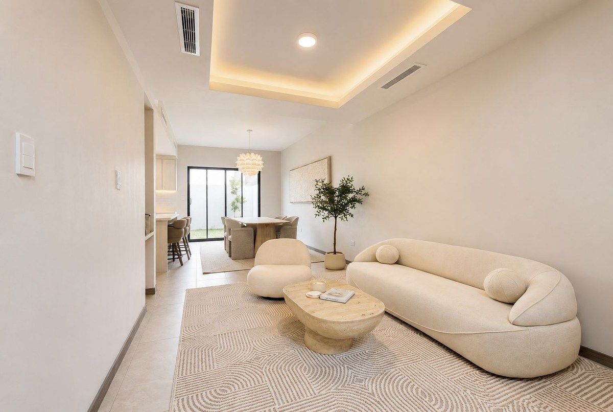 Area de sala con muebles curvos de boucle y mesa de centro, foto 6 de 18