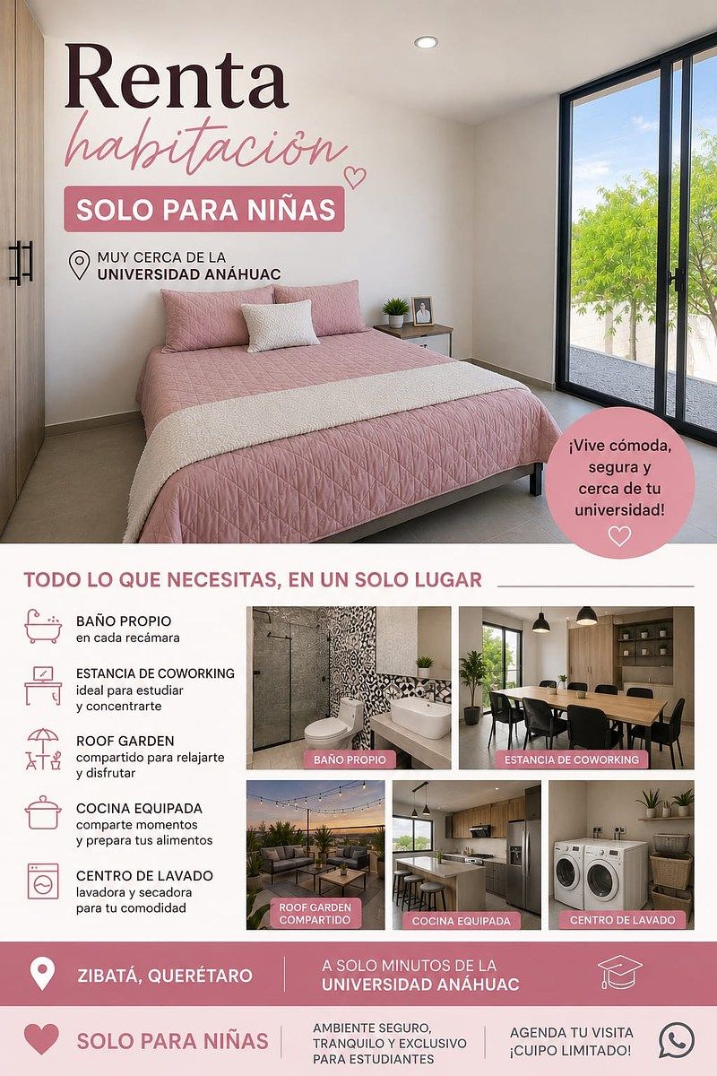 HABITACION NIÑAS CON BAÑO COMPLETO CERCA ANAHUAC ZIBATA QUERETARO, foto 1 de 6